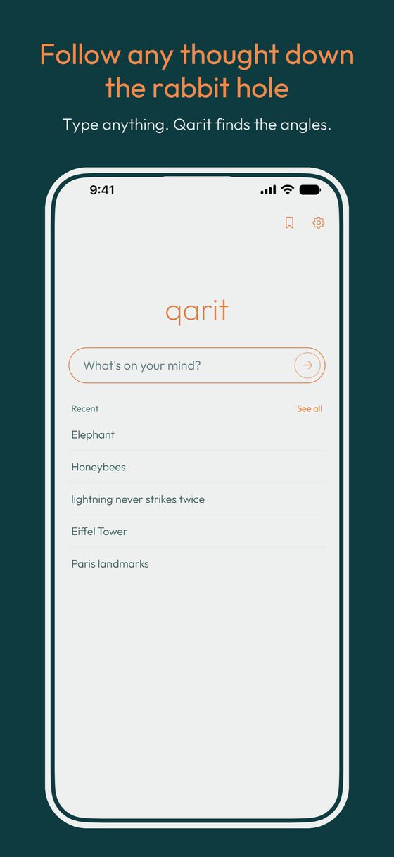Home screen: type anything and Qarit finds the angles