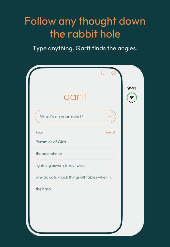 iPhone Duo folded. Home: type anything and Qarit finds the angles