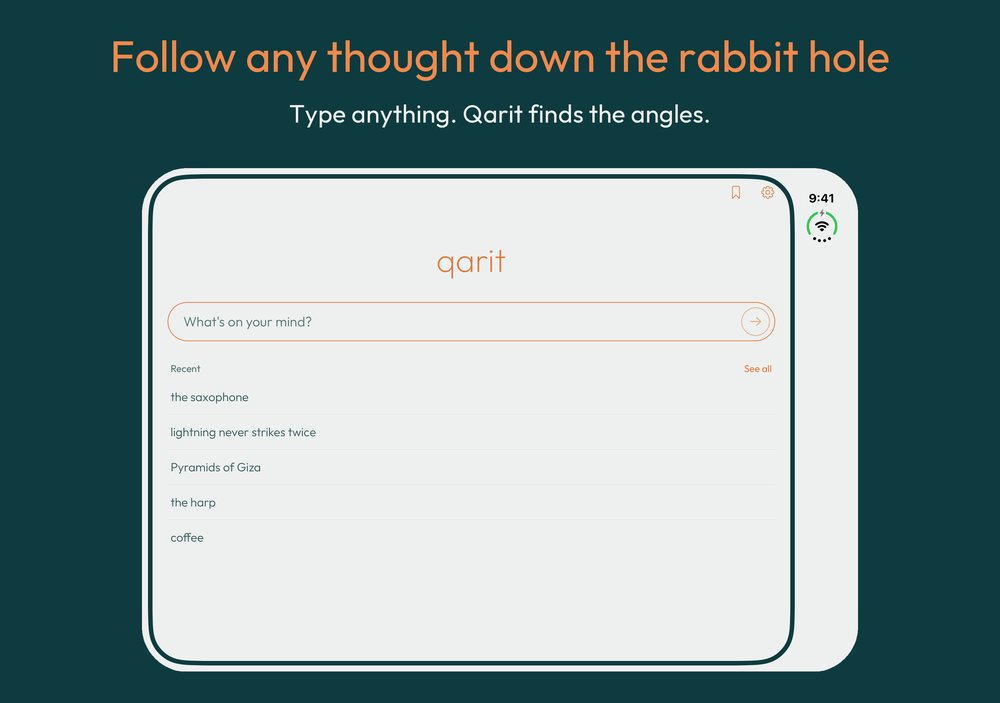 iPhone Duo unfolded. Home: type anything and Qarit finds the angles