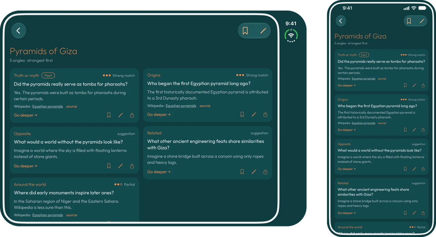 Qarit on an unfolded iPhone Duo with cards in two columns, next to an iPhone Pro Max, both showing Pyramids of Giza
