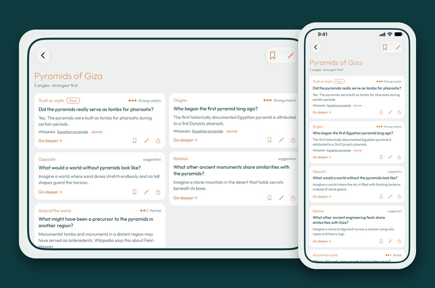 Qarit on an unfolded iPhone Duo with cards in two columns, next to an iPhone Pro Max, both showing Pyramids of Giza